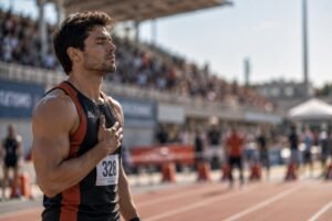 Atleta tenso e concentrado antes da competição, expressando a ansiedade no atleta