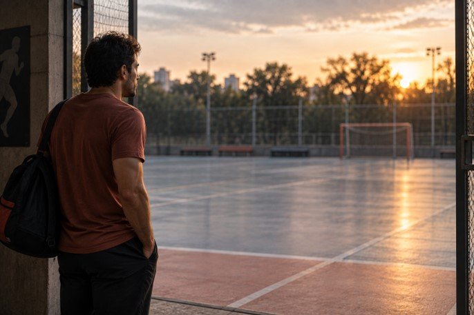 Ex-atleta olhando para o campo vazio, refletindo sobre o fim de carreira esportiva