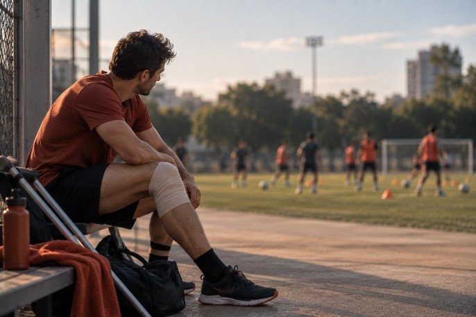 Atleta lesionado observando o treino de longe, expressando o impacto psicológico da lesão