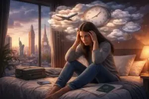 Brasileira sentada em quarto olhando pela janela com expressão de ansiedade ao morar no exterior