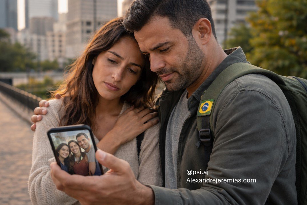 Brasileiro morando no exterior olhando fotos e lembranças do Brasil e sentindo saudade da família