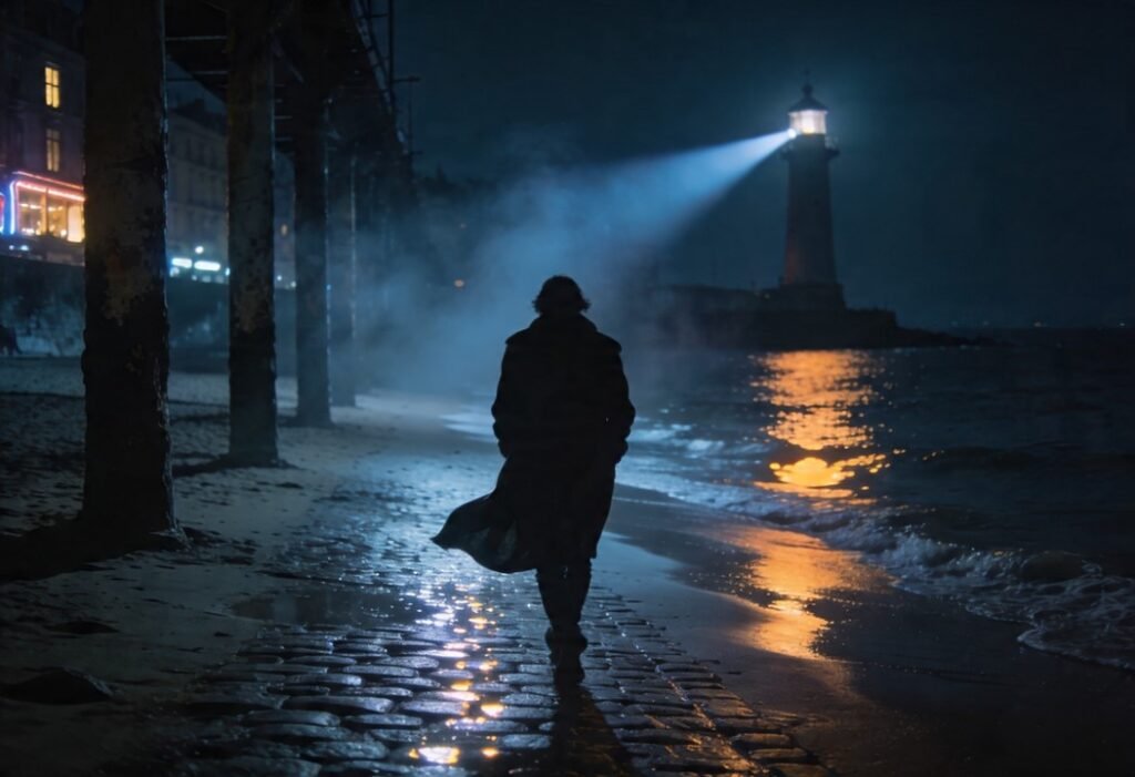 Pessoa caminhando sozinha à noite em cidade estrangeira refletindo sobre solidão mesmo cercada de pessoas