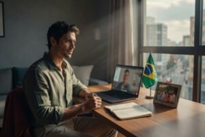 Brasileiro em atendimento com psicólogo brasileiro online fazendo terapia em português enquanto mora no exterior