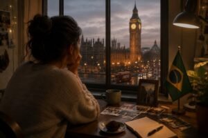 Brasileira olhando pela janela em Londres com vista para o Big Ben enquanto sente saudade do Brasil
