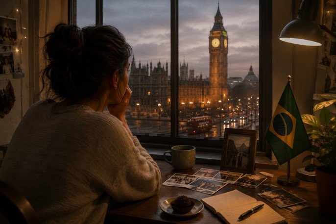 Brasileira olhando pela janela em Londres com vista para o Big Ben enquanto sente saudade do Brasil