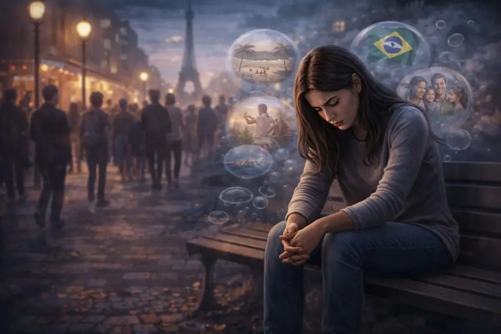 Brasileira sentada sozinha em banco no exterior com expressão de tristeza e pensamentos sobre o Brasil