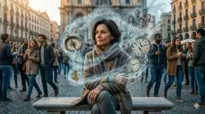Mulher madura de cabelo castanho sentada em um banco de praça europeia lotada, envolta por uma névoa surrealista de relógios quebrados e fragmentos de memórias brasileiras, simbolizando desconexão.