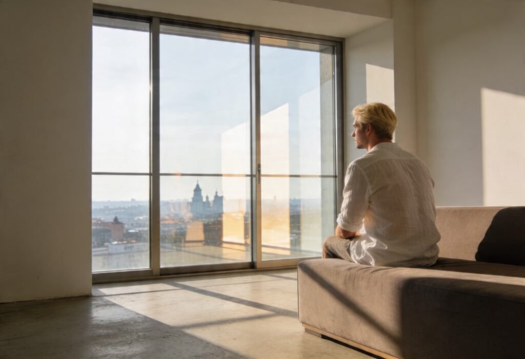 Brasileiro refletindo sozinho em apartamento no exterior