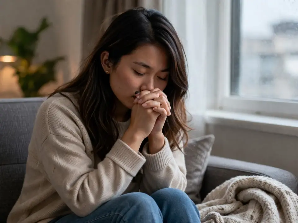 Mulher asiática sentada no sofá com expressão reflexiva, representando adaptação emocional e ansiedade ao viver fora do país