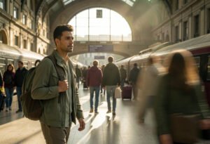 Brasileiro em estação no exterior refletindo sobre como se adaptar emocionalmente a viver em outro país