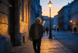 Homem caminhando sozinho em cidade europeia ao entardecer representando adaptação emocional ao viver fora do país