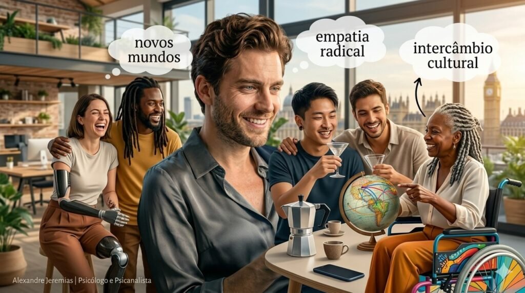 Close-up de um rapaz branco de 30 anos rindo, abraçado por um grupo diverso de amigos. À esquerda, uma mulher negra idosa sorri em uma cadeira de rodas colorida. Acima, balões de pensamento mostram textos em português como "intercâmbio cultural", "empatia radical" e "novos mundos". O fundo é um espaço de co-working ensolarado.