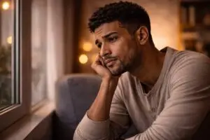 homem olhando pela janela refletindo sobre vida no exterior e sensação de solidão