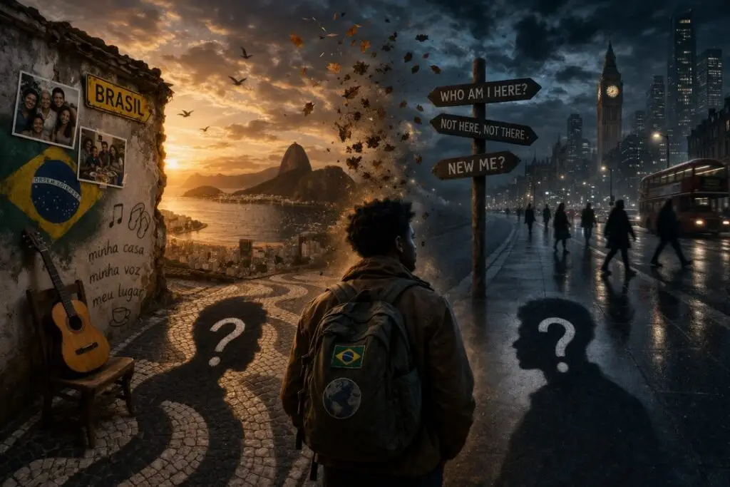 homem brasileiro no exterior refletindo sobre identidade e pertencimento entre dois países