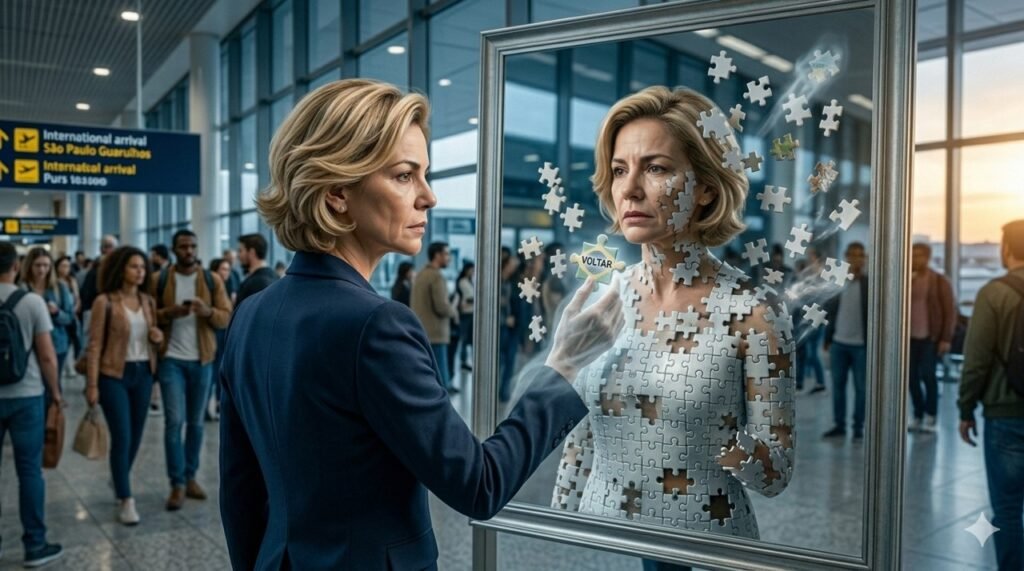 Executiva loira em terno azul no terminal de desembarque de um aeroporto brasileiro. Seu reflexo no vidro é um mosaico de peças de quebra-cabeça de porcelana que se soltam, enquanto uma mão etérea tenta encaixar uma peça com a palavra "VOLTAR".