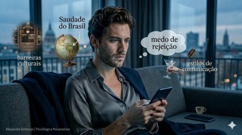 Rapaz de 30 anos em uma praça europeia ao entardecer, cercado por pessoas em movimento. Fios dourados saem de seu peito tentando alcançar os outros, mas encontram barreiras, simbolizando a dificuldade de conexão e pertencimento cultural.