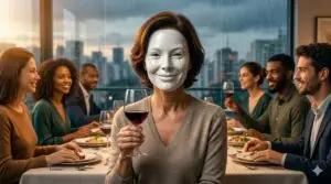 Mulher madura de cabelo castanho sentada à mesa de jantar sofisticada no exterior. Seu rosto é coberto por uma máscara de porcelana branca fixa com um sorriso eterno, que começa a apresentar rachaduras finas ao redor dos olhos, simbolizando dissimulação emocional.