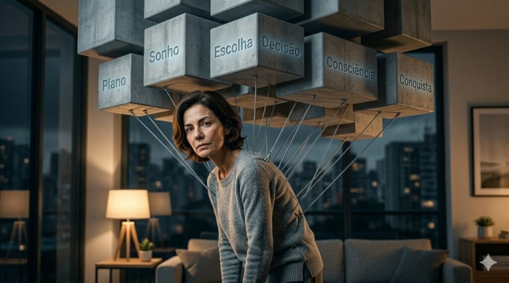 A mesma mulher madura em seu apartamento minimalista no exterior, à noite. Ela está curvada e pressionada para baixo por fios de aço tensionados que sustentam blocos de concreto geométricos acima dela, com palavras como "Plano" e "Sonho" sutilmente gravadas neles.