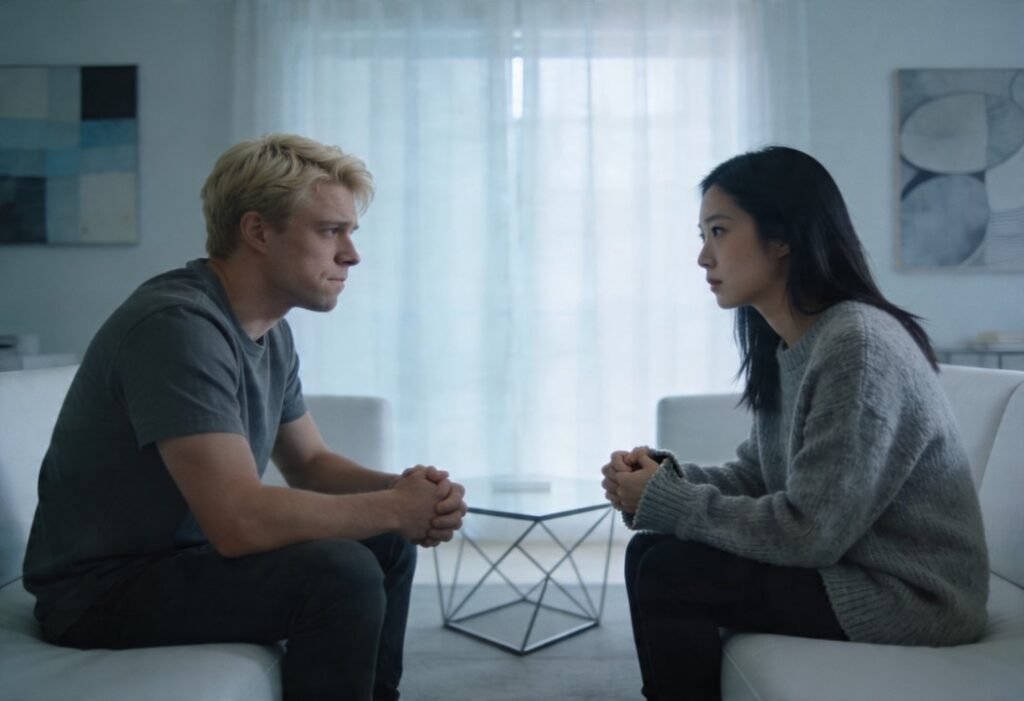 Casal sentado junto em silêncio demonstrando distância emocional em relacionamento ao morar fora do país