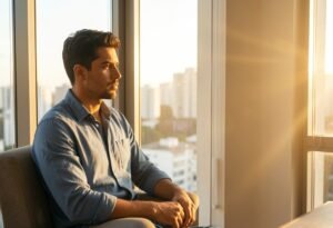 Brasileiro refletindo sobre ficar ou voltar morando fora e os impactos emocionais dessa decisão