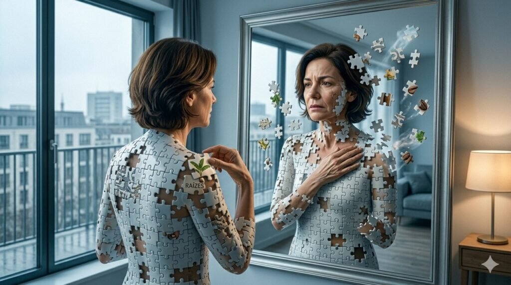 Mulher madura de 50 anos com cabelo castanho olha para o espelho. Sua reflexão é composta por peças de quebra-cabeça de porcelana branca que se soltam e flutuam, enquanto ela tenta segurar uma peça com a palavra "RAÍZES" e um desenho de folha tropical.