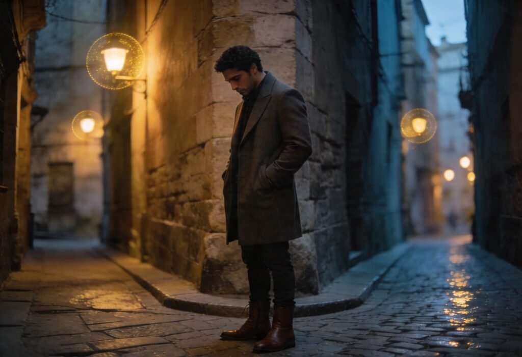 Homem parado em rua europeia à noite refletindo sobre a decisão de ficar ou voltar ao morar fora