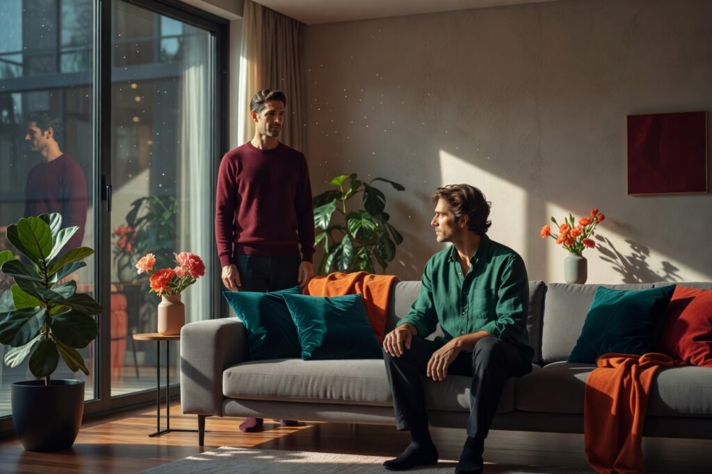 Casal homoafetivo em silêncio representando medo de abandono nos vínculos amorosos.