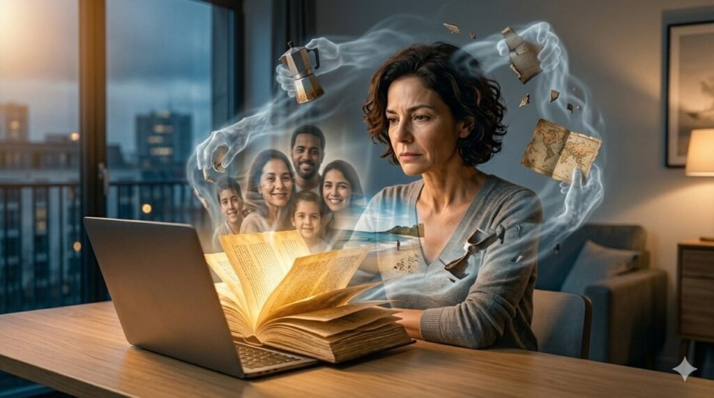 A mesma mulher madura olha para um laptop que se transforma em um livro antigo iluminado. Ao redor de sua cabeça, mãos de névoa sustentam objetos como uma cafeteira antiga, mapas e fotos de família, simbolizando o fardo e o suporte das memórias.