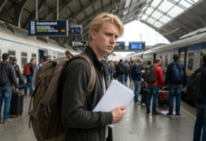 Brasileiro cansado em estação internacional mostrando por que morar fora cansa emocionalmente
