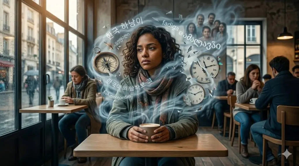 Mulher brasileira sentada em um café europeu moderno, com expressão cansada e envolta por uma névoa surrealista de palavras estrangeiras embaralhadas e fragmentos de memórias distantes.