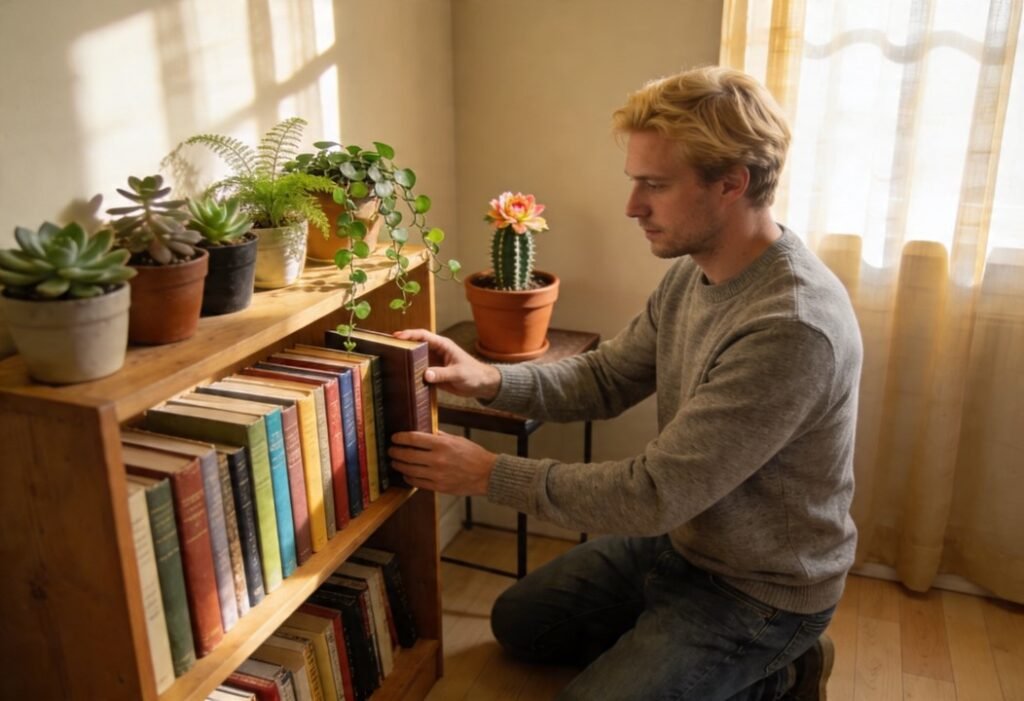 Homem organizando livros em casa representando reconstrução da identidade e adaptação emocional ao viver fora do país