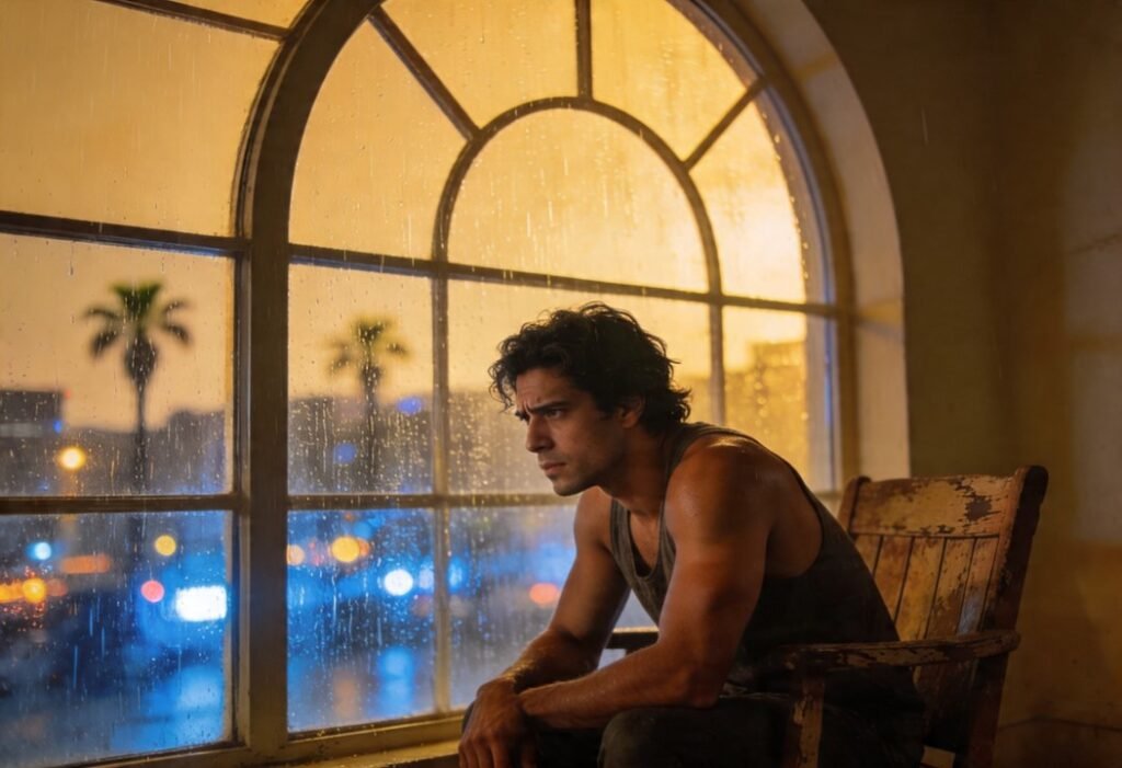 Homem sentado olhando pela janela em dia chuvoso refletindo sobre a decisão de ficar ou voltar ao morar fora