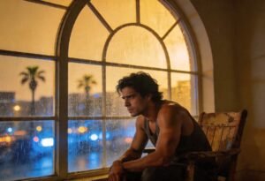 Homem sentado olhando pela janela em dia chuvoso refletindo sobre a decisão de ficar ou voltar ao morar fora