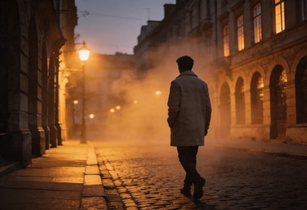 Pessoa sozinha em ambiente urbano refletindo sobre dificuldades em relacionamentos ao morar fora