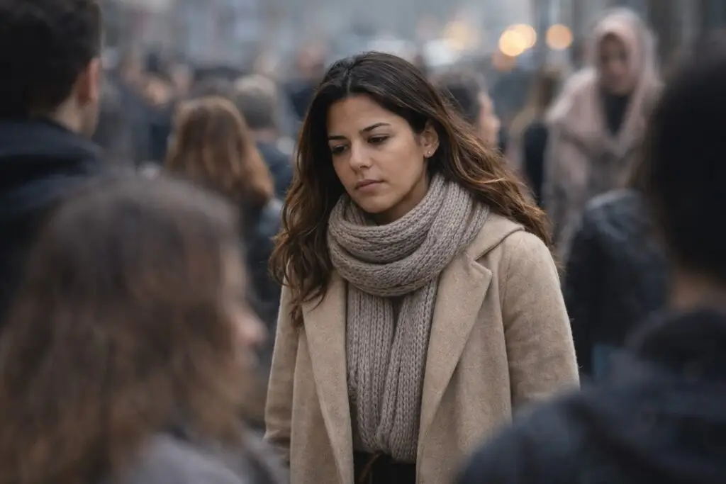Pessoa em destaque cercada por multidão desfocada, representando solidão emocional no exterior