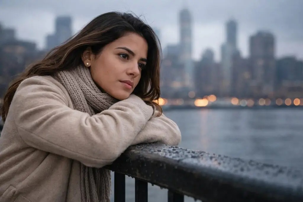 Mulher brasileira olhando a cidade de forma pensativa, representando solidão e adaptação emocional ao morar no exterior