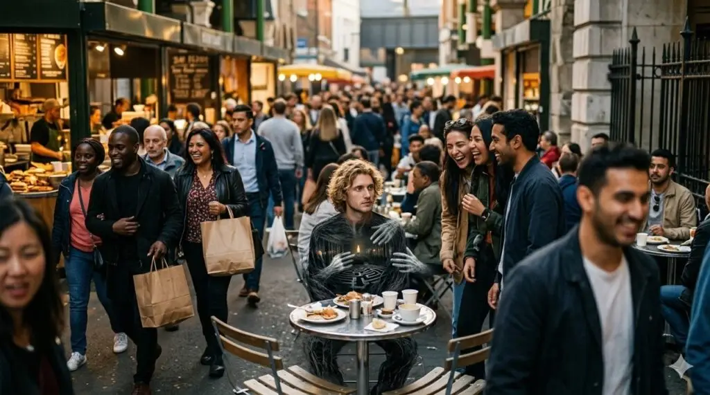 Homem loiro sentado sozinho em mesa de café em mercado lotado, com efeito surrealista no peito representando mãos e labirintos profundos.
