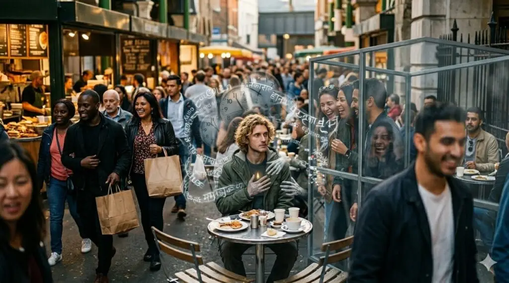 Homem loiro isolado em mercado público, com grupos de pessoas ao fundo separados por barreiras de vidro e aço, simbolizando exclusão social.