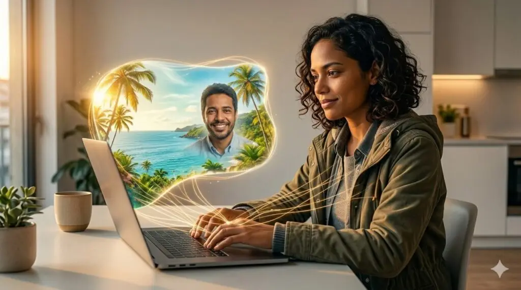 A mesma mulher brasileira sentada em seu apartamento minimalista, olhando para um laptop luminoso que revela uma janela orgânica e ensolarada para o Brasil, com o rosto de um psicólogo acolhedor.