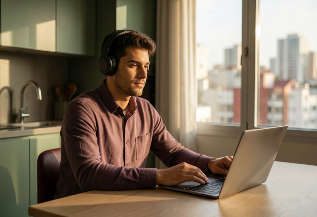 Brasileiro fazendo terapia online para brasileiros no exterior em português enquanto vive fora do Brasil