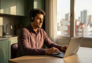 Brasileiro fazendo terapia online para brasileiros no exterior em português enquanto vive fora do Brasil