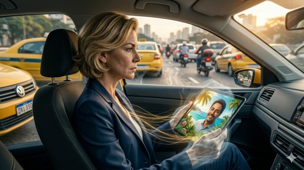 Executiva loira sentada no banco de trás de um carro no trânsito de uma grande cidade brasileira. Ela segura um tablet que emite uma luz dourada e revela o rosto acolhedor de um psicólogo em uma paisagem ensolarada, conectando-se a ela por fios luminosos.