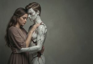 Mulher abraçando figura simbólica de ferida emocional