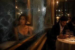 Casal em restaurante europeu com espelhos representando ciúme é amor ou medo de perder.