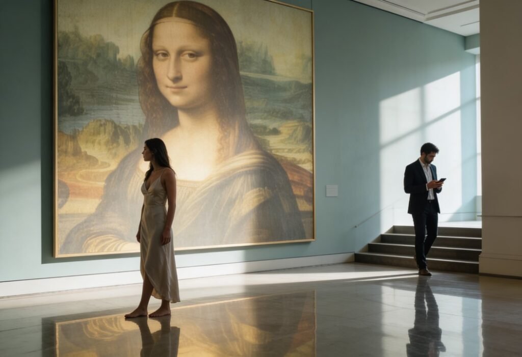 Casal em museu europeu representando comparação nos relacionamentos e sofrimento emocional.