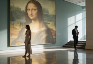 Casal em museu europeu representando comparação nos relacionamentos e sofrimento emocional.