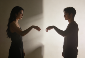 Casal quase se tocando em atmosfera de tensão emocional