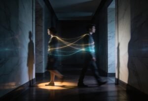 Duas pessoas conectadas simbolicamente por fios invisíveis