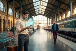 Dois homens em estação europeia representando se é possível encontrar amor nos aplicativos.