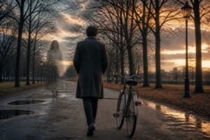 Ex na mente simbolizado por bicicleta vazia em parque após término amoroso.